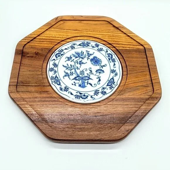 Vintage Dolphin Teakwood Cloche Blue White Center Tile Cheese Board - Picture 4 of 8